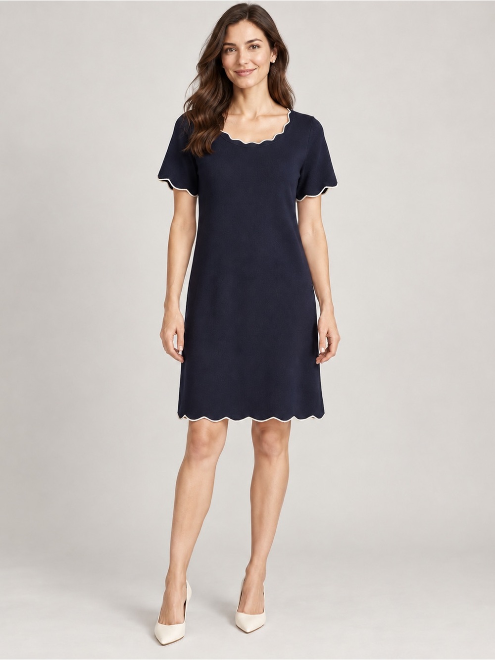 Ann Taylor Navy Scalloped Sweater Dress M Ivory Trim Midi Shift